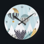 Blue Hot Air Balloons Round Clock<br><div class="desc">Hot air balloons sailing through clouds and over snow capped mountain range.</div>