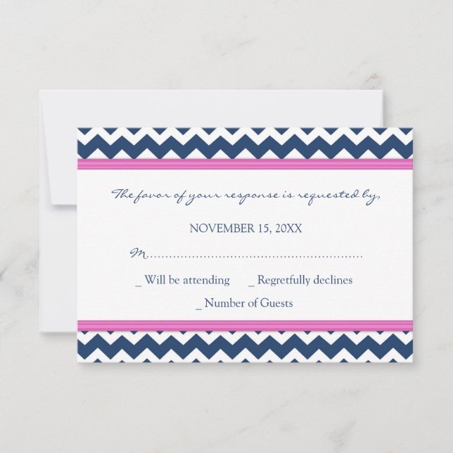 Blue Hot Pink Chevron RSVP Wedding Card (Front)
