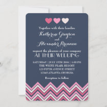 Blue Hot Pink Chevron Wedding Invitation Love