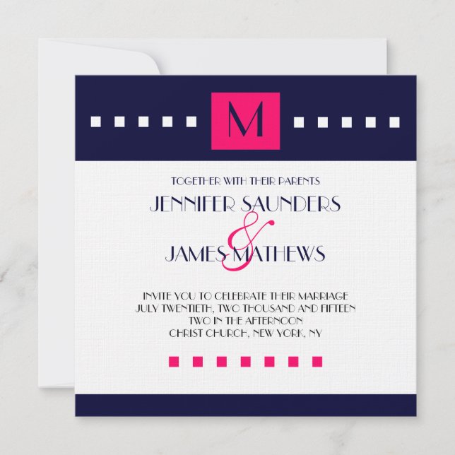 Blue Hot Pink Monogram Modern Wedding Invitation (Front)