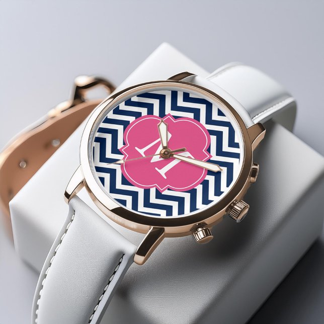 Blue & Hot Pink Zigzags Pattern Monogram Watch (Creator Uploaded)