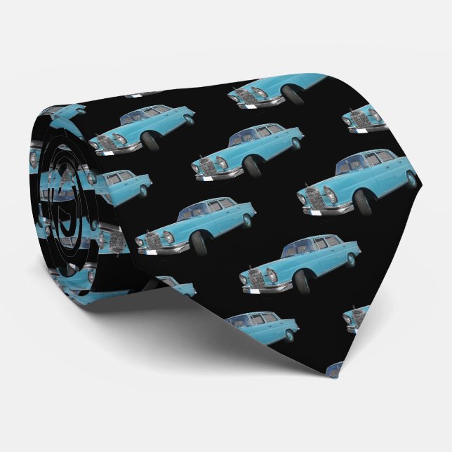 Blue Hotrod 1940s Car Pattern Neck Tie (Rolled)
