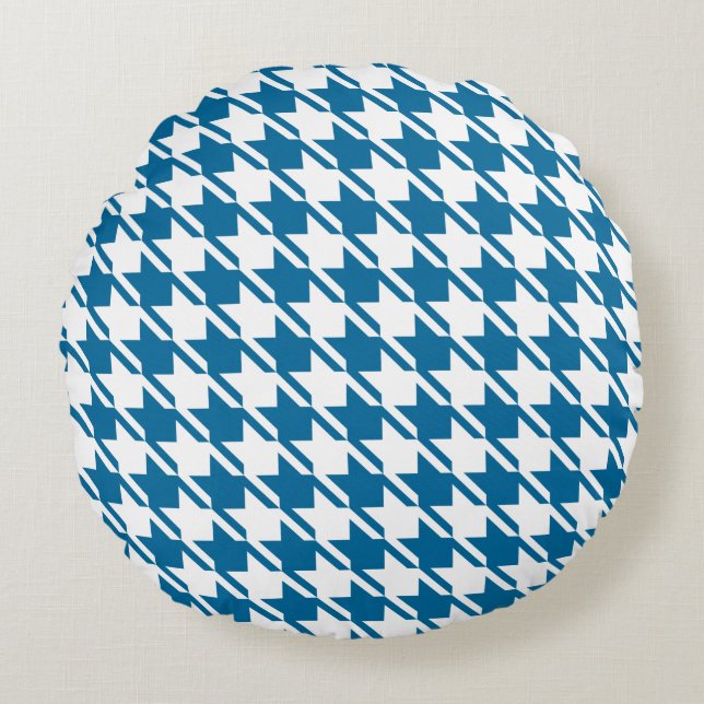 Blue Houndstooth Repeating Pattern Round Pillow (Front)