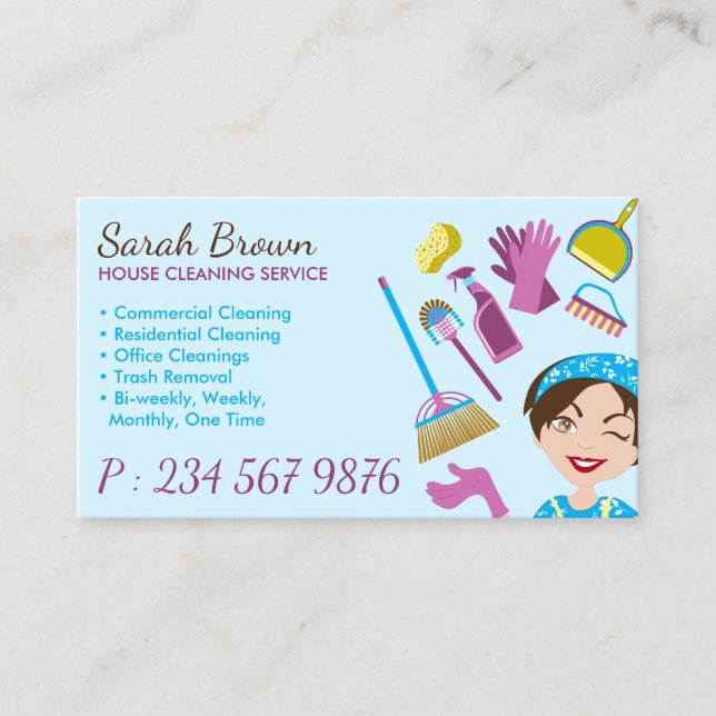 Blue House Cleaning Janitorial Gloved Apron Maid Business Card (Front)