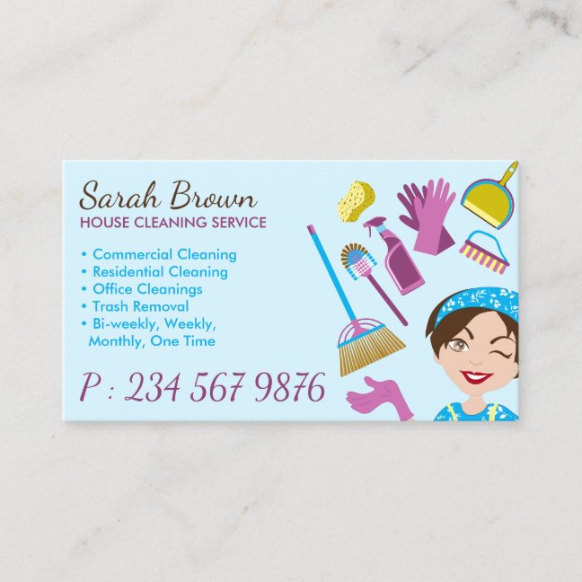 Blue House Cleaning Janitorial Gloved Apron Maid Business Card