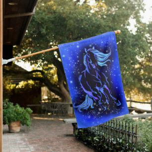 Blue House Flag Horse Running At Starry Night