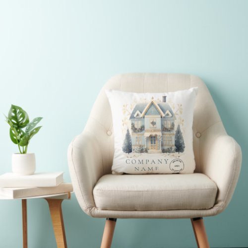 Blue House Logo Company Name Christmas  Throw Pillow