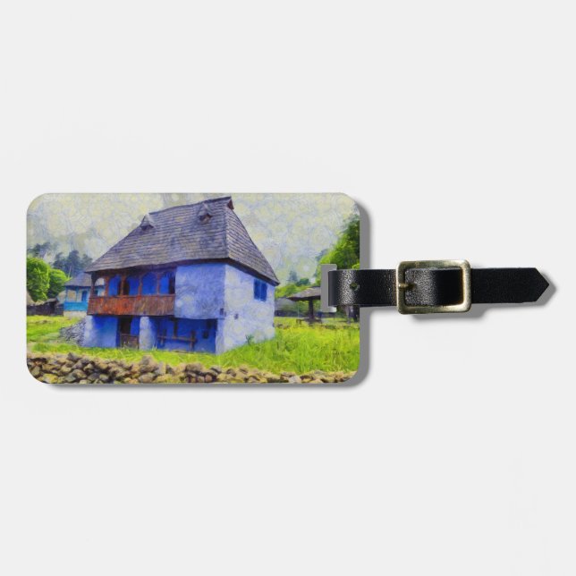 Blue house painting luggage tag (Front Horizontal)