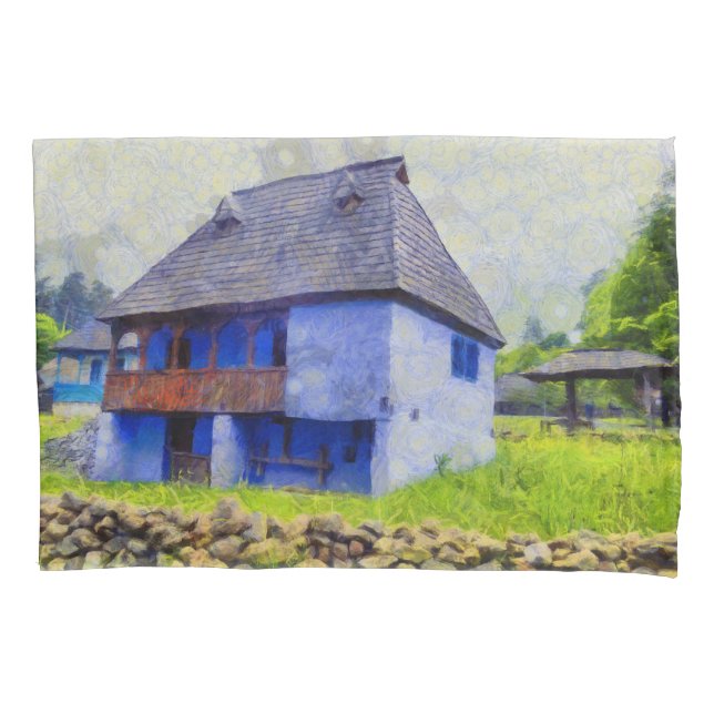 Blue house painting pillowcase (Front)