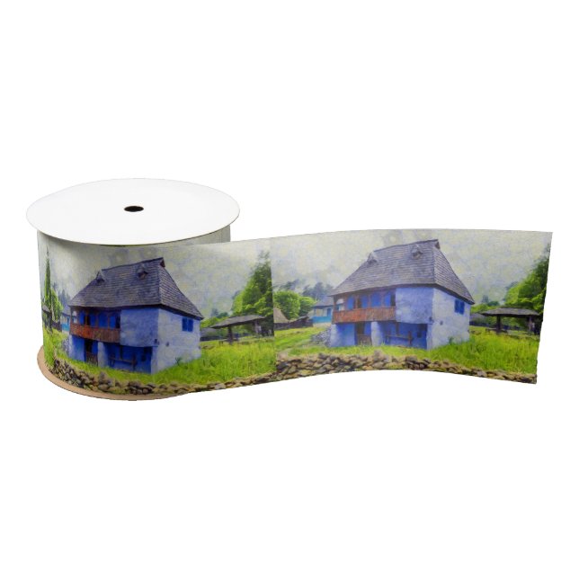 Blue house painting satin ribbon (Spool)