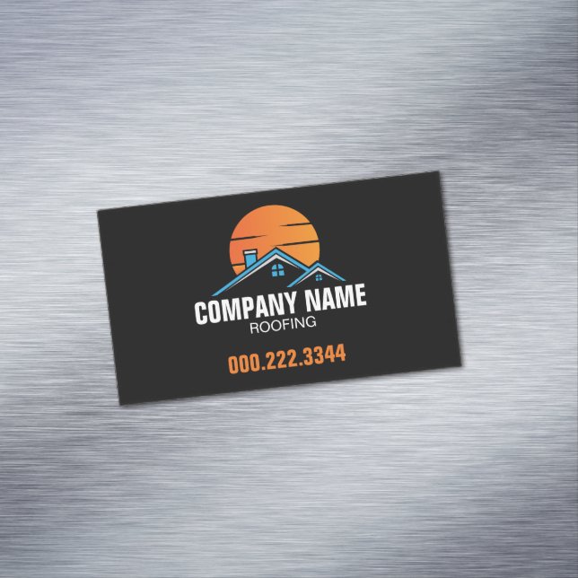 Blue House Sun Roofing Construction Business Card Magnet (In Situ)