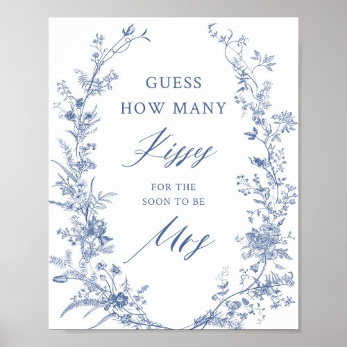 Blue How Many Kisses Bridal Shower Game Poster