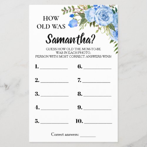 Blue How old was Mom shower bilingual game card Flyer