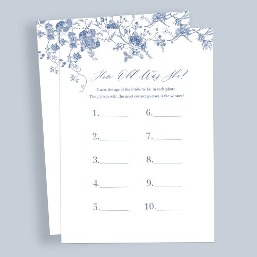 Blue How Old Was She Bridal Shower Game Cards