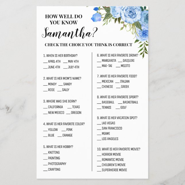 Blue How well do you know Bride Shower Game card Flyer (Front)