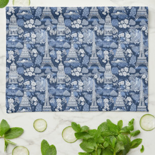 Blue-hued Intricate Parisian Eiffel Tower Toile Kitchen Towel