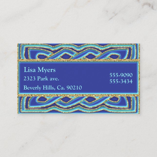 Blue Hues & Ornate Metallic Gold Business Card (Front)