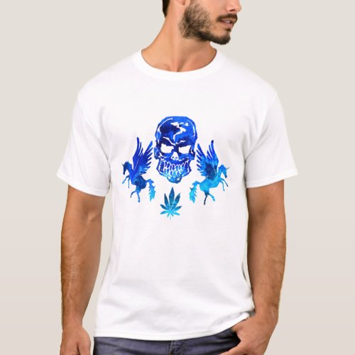 Blue Human Skull Unicorn Weed Leaf T_Shirt