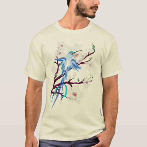 Blue Hummingbird and Cherry Blossoms T_Shirt