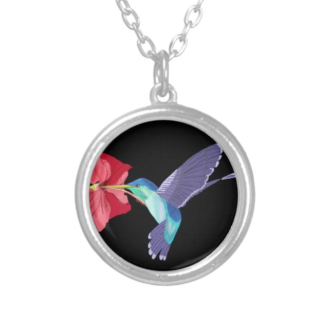 Blue Hummingbird and Red Hibiscus Silver Plated Necklace (Front)