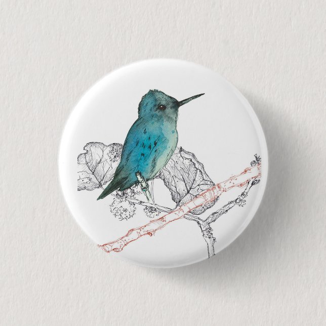 Blue Hummingbird Branches Watercolor Button (Front)