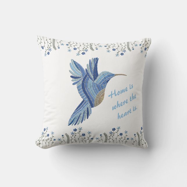 "Blue Hummingbird Embroidered housewarming gift Throw Pillow (Front)
