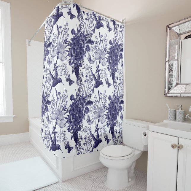 Blue Hummingbird Floral Pattern Shower Curtain (In Situ)