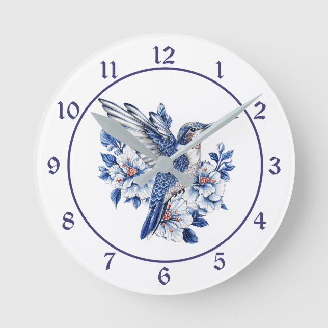 Blue Hummingbird Floral Round Clock (Front)