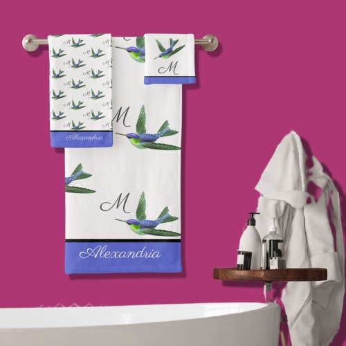 Blue Hummingbird Green watercolor Monogram initial Bath Towel Set