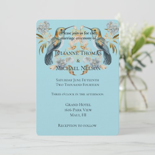 Blue Hummingbird Hydrangea Flowers Wedding Invitation