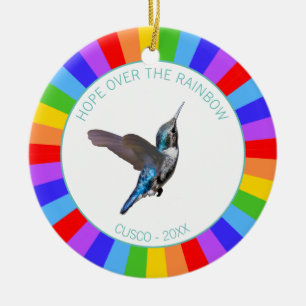 Blue Hummingbird on Rainbow Colors Ceramic Ornament