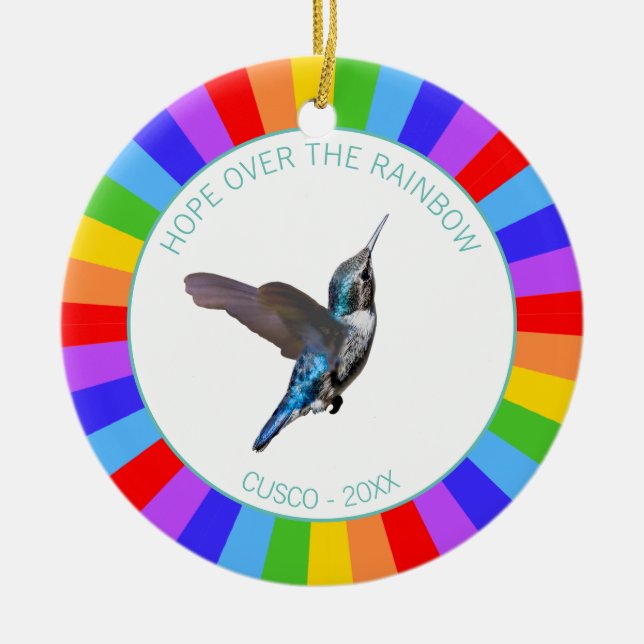 Blue Hummingbird on Rainbow Colors Ceramic Ornament (Front)