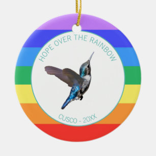 Blue Hummingbird on Rainbow Colors Ceramic Ornament