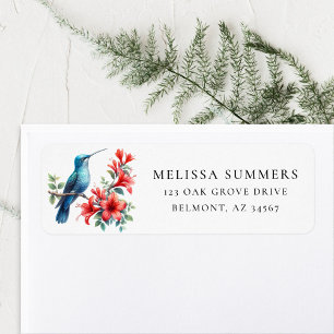 Blue Hummingbird Red Flowers Return Address Label
