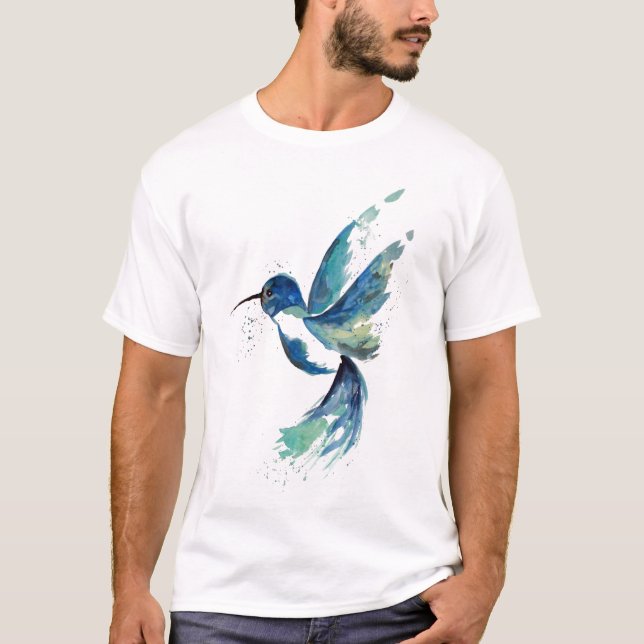 Blue Hummingbird Watercolor T-Shirt (Front)