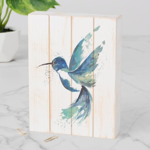 Blue Hummingbird Watercolor Wooden Box Sign