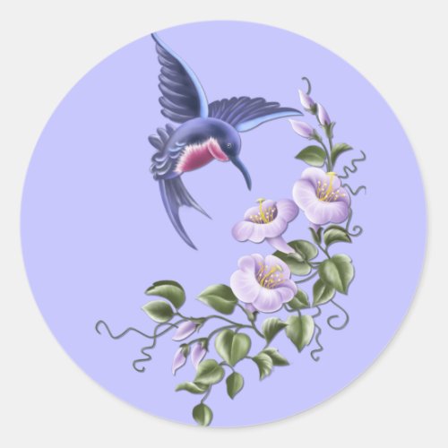 Blue Hummingbird with Purple Flowers Classic Round Sticker