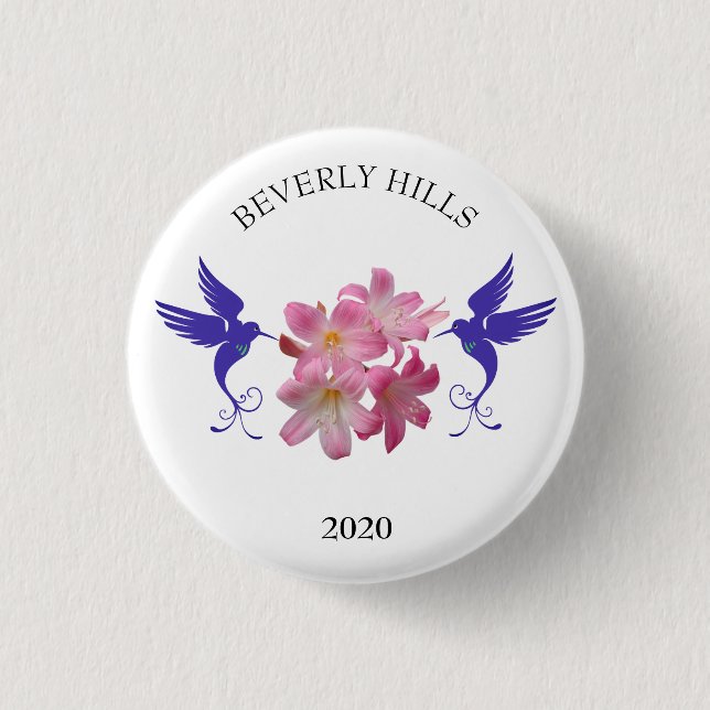 Blue hummingbirds and flowers button (Front)
