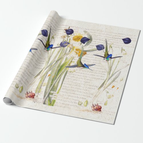 Blue Hummingbirds Daffodil Narcissus Flowers Wrapping Paper