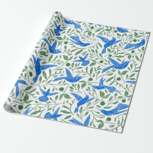 Blue hummingbirds green leaves pattern wrapping paper