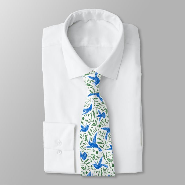 Blue hummingbirds with green flowers & leaves neck tie (Tied)