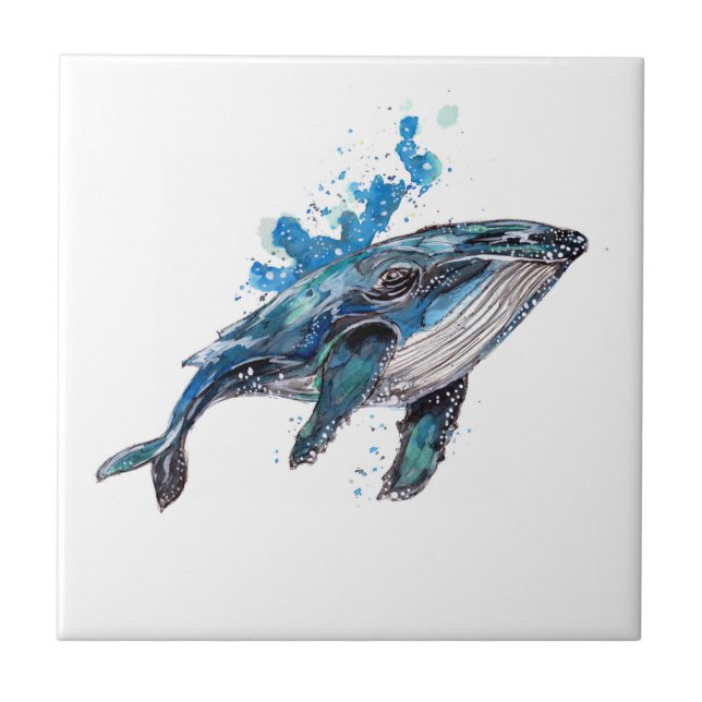 Blue Humpback Whale Watercolor Ceramic Tile (Front)