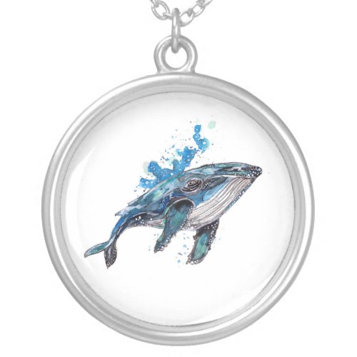 Blue Humpback Whale Watercolor Silver Plated Necklace