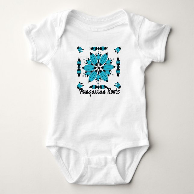 Blue Hungarian folk art floral motif Baby Bodysuit (Front)