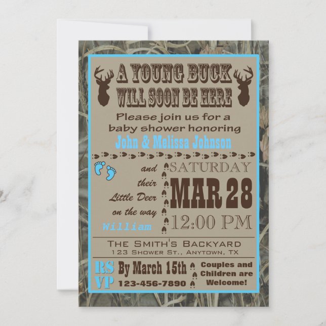 Blue Hunting Camo Baby Shower Invitations (Front)