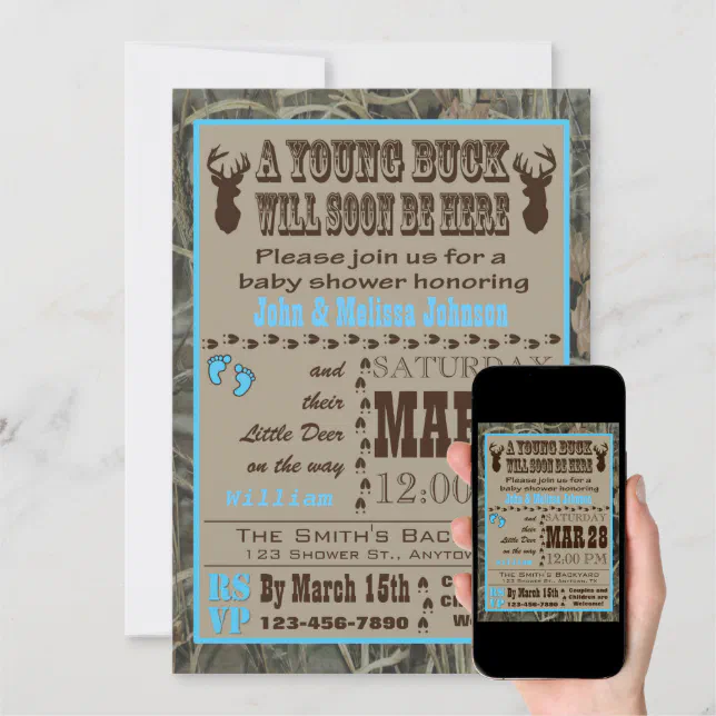 Blue Hunting Camo Baby Shower Invitations | Zazzle