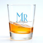 Blue Husband Groom Mr Wedding Anniversary Shot Glass<br><div class="desc">Celebrate your holy matrimony with this cool Mr. shot glass for husbands or men in general.  Customize it by adding your last name / surname and wedding anniversary year date.  Blue and black elegant font.  Great anniversary or birthday gift for a groom.</div>
