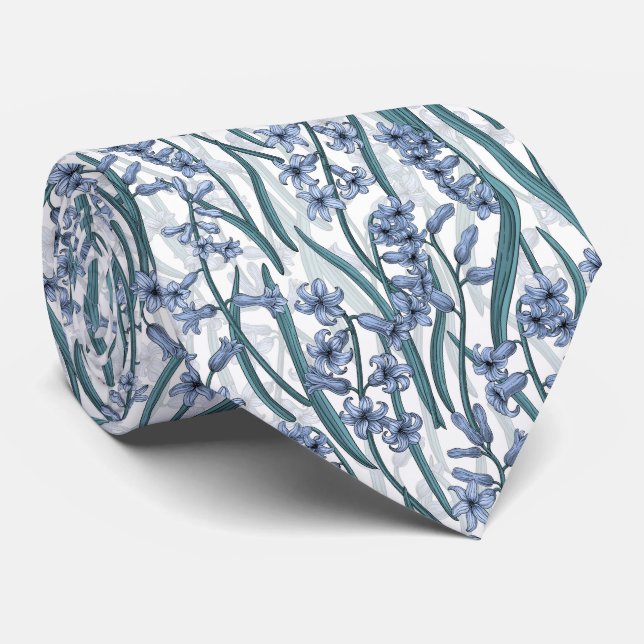 Blue Hyacinth flowers on white Neck Tie (Rolled)