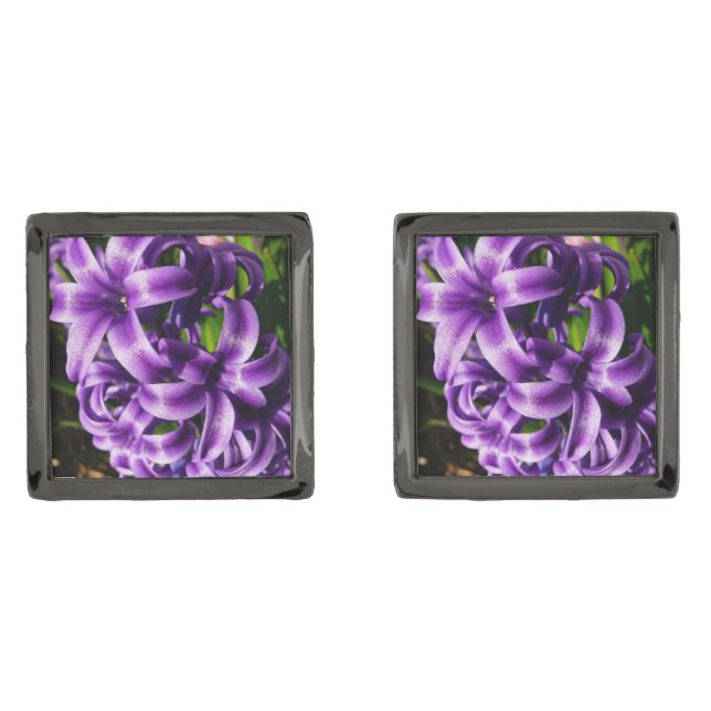 Blue Hyacinth II Spring Floral Gunmetal Finish Cufflinks (Front)