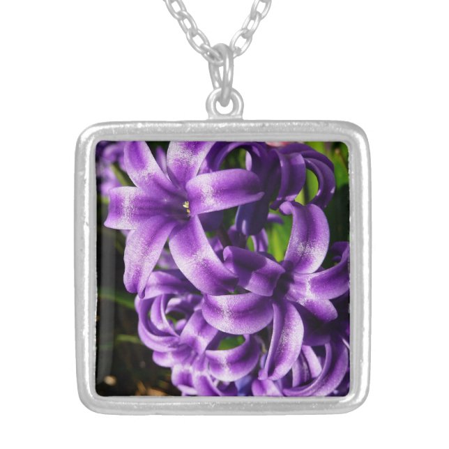 Blue Hyacinth II Spring Floral Silver Plated Necklace (Front)